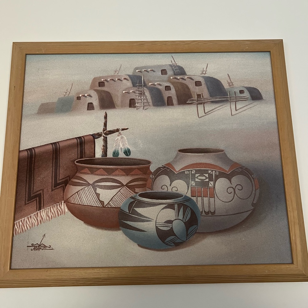 Framed and Signed Marzo Southwest Sand Art Painting Native American Pottery